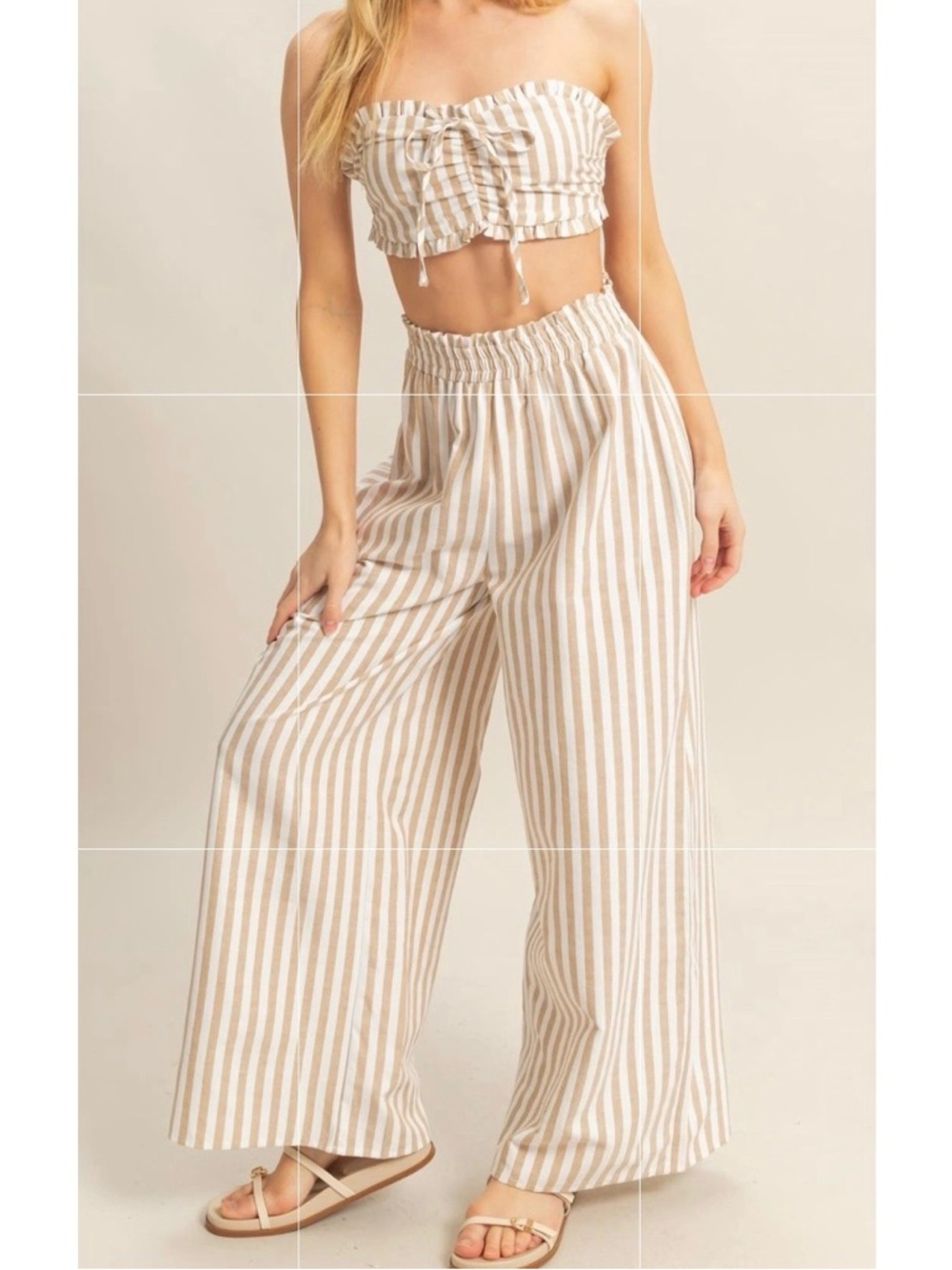 🟠NWT HYFVE 2PC Set - Bandeau Top w/Wide Leg Pants in Taupe/White Stripe